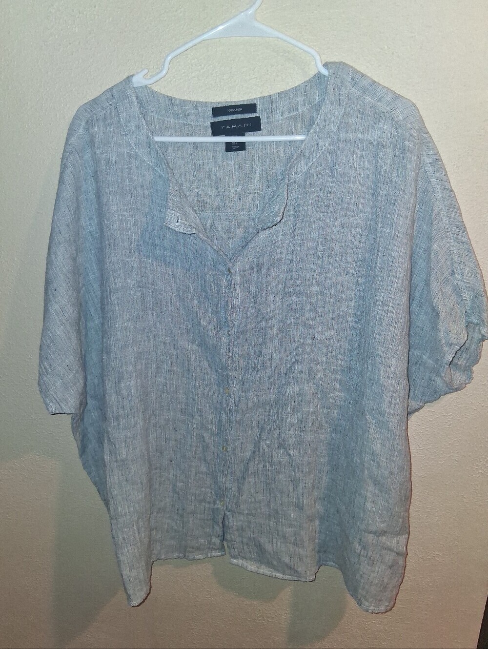 Tahari 100% Linen Boxy Button Down Oversized Short Sleeve Gray Top S